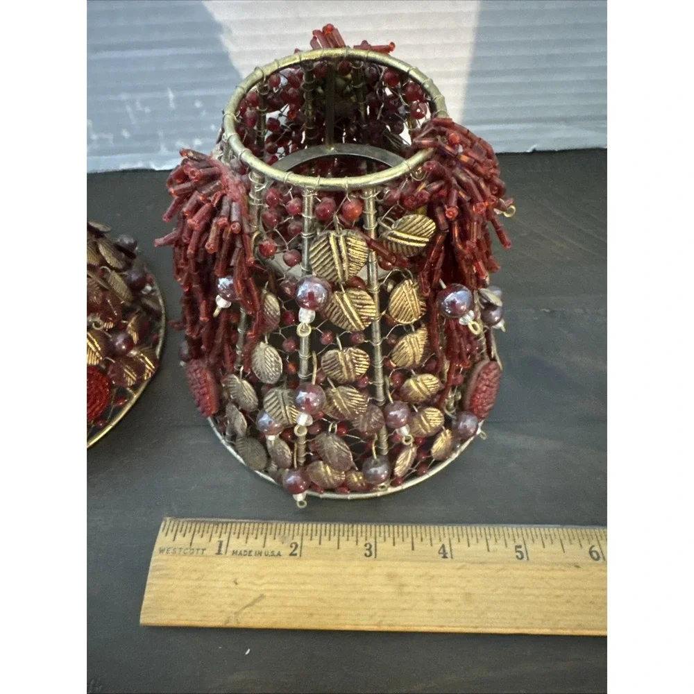 2- Iridescent Red Glass Beaded Wire Wrapped Lamp Shades 4.75